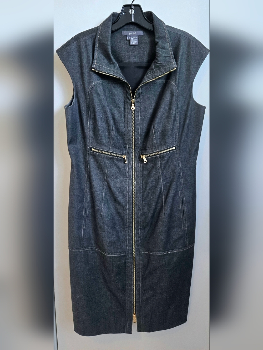Per Se Dark Denim Sleeveless Zip Dress with Gold Hardware